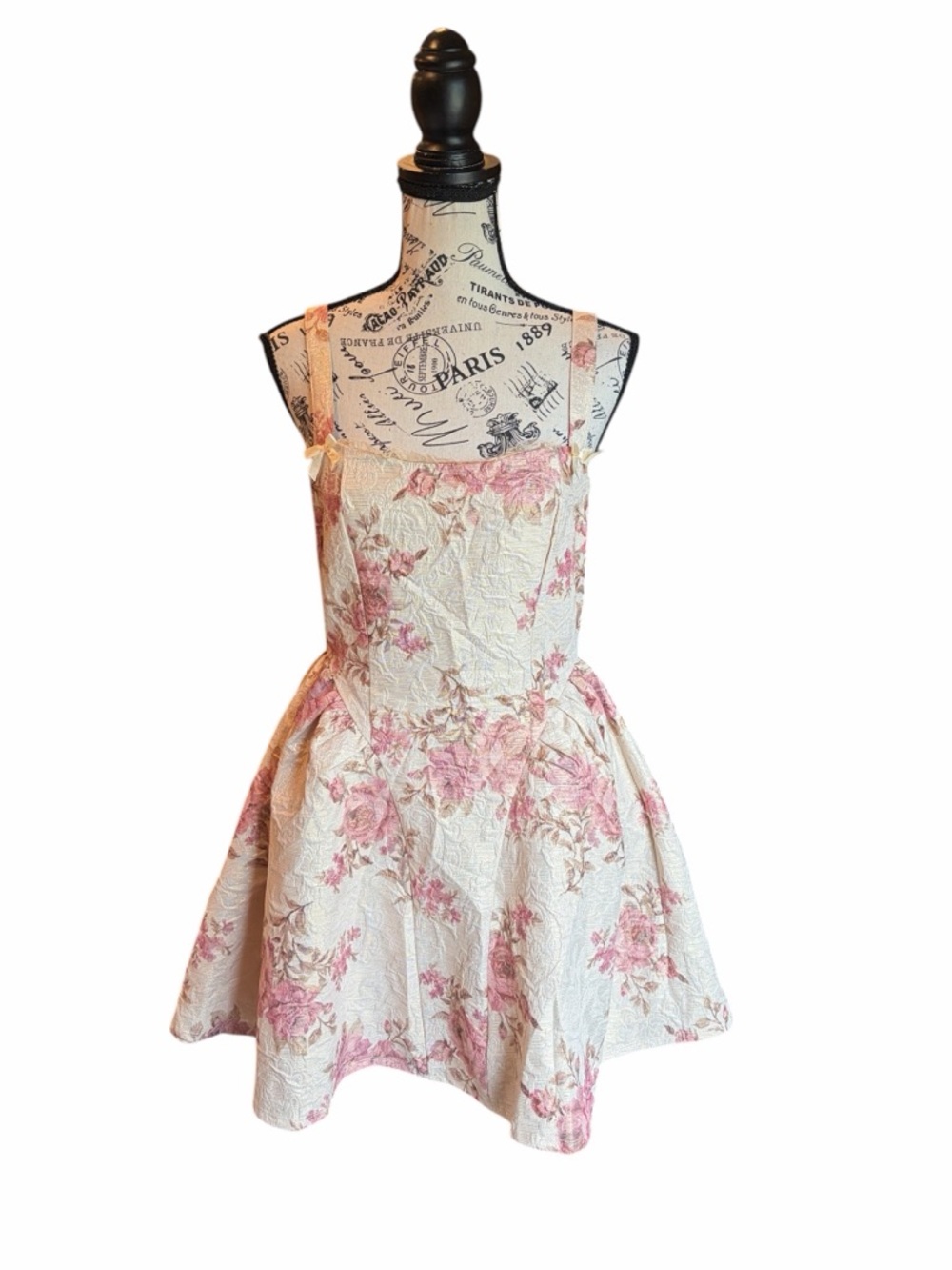 Francesca’s Amelia Floral Jacquard Mini Dress Small Fairycore Cottage Bow NWT - Picture 2 of 14